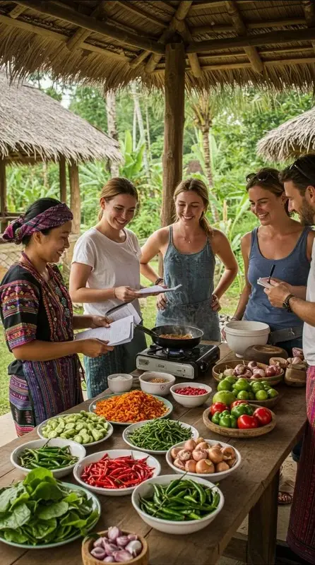 Two women participating in a hands-on Balinese cooking class guided by local chefs with Bali Assist Co