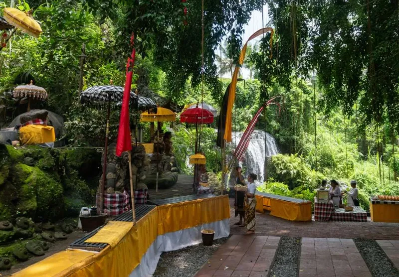 Traditional Balinese Melukat water cleansing ceremony setup at a sacred temple for Day 4 experience by Bali Assist Co