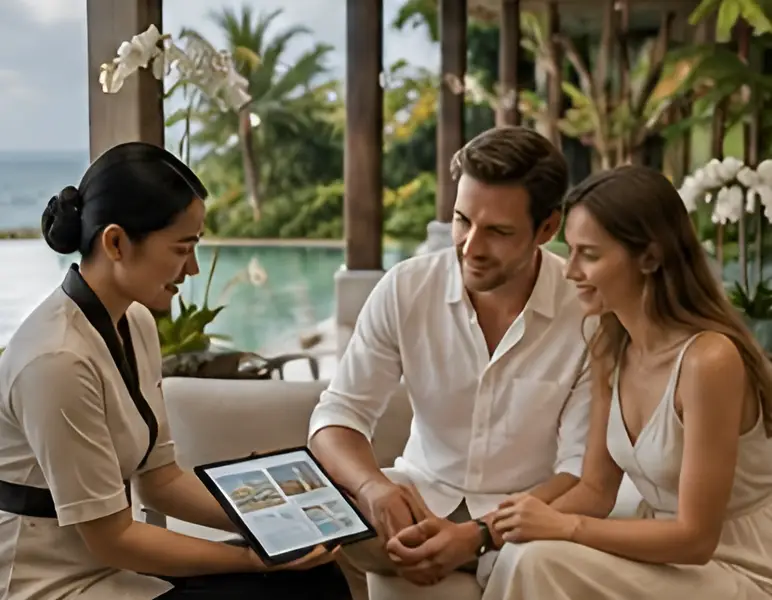 Personal travel concierge consulting with a couple to customize their bespoke Bali honeymoon itinerary by Bali Assist Co
