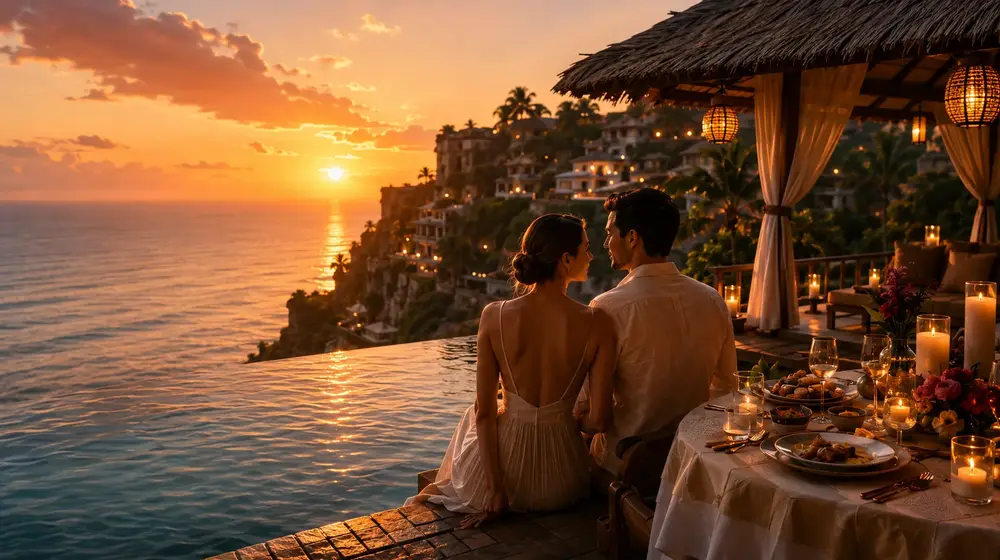 Romantic couple admiring coastal sunset from luxury infinity pool villa for tailor-made custom Bali honeymoon itinerary by Bali Assist Co