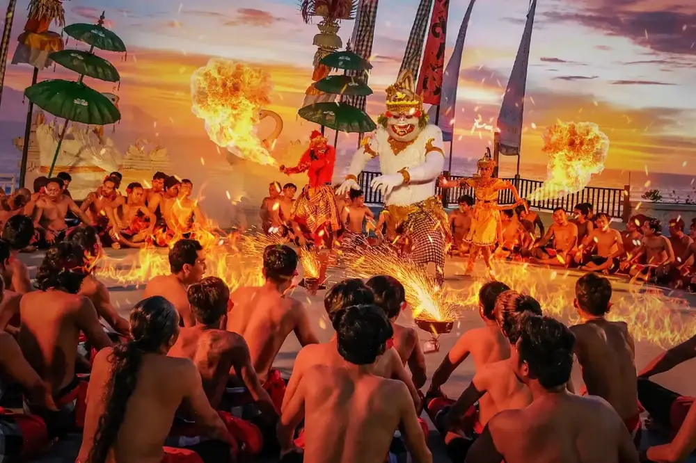 Traditional Kecak fire dance performance at sunset amphiteater Melasti Beach Bali for Day 5 by Bali Assist Co