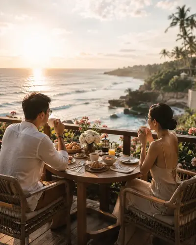 Couple enjoying breakfast with cliffside view in Bali representing personalized trip planning service by Bali Assist Co