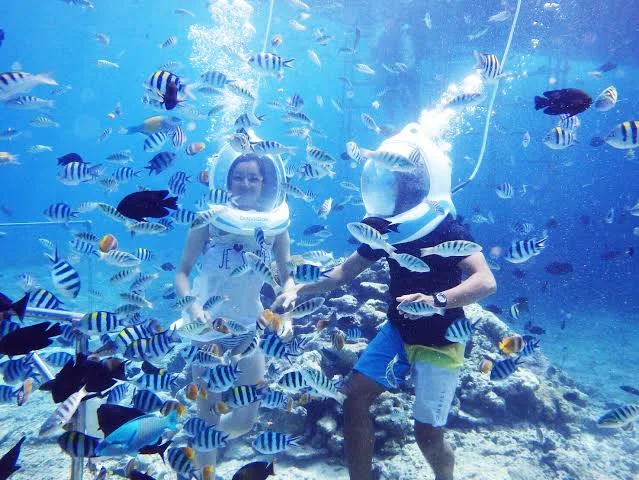 Couple experiencing underwater sea walker activity surrounded by tropical fish in Nusa Dua for The Discovery Day 6 by Bali Assist Co