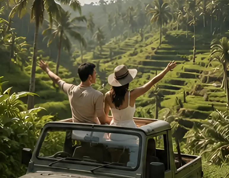 Couple on open-top safari jeep overlooking Tegallalang rice terraces for The Grand Escape Bali honeymoon package by Bali Assist Co