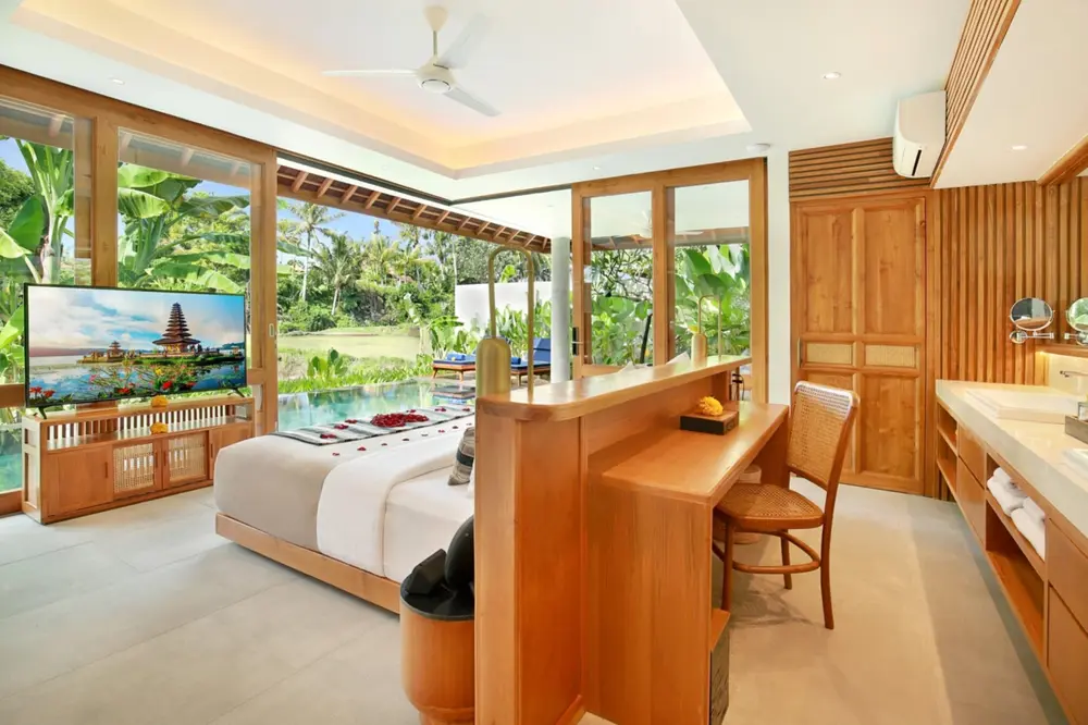 Luxury villa bedroom interior with pool view in Ubud for The Indulgence Day 3 stay by Bali Assist Co