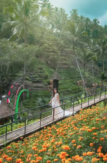 Woman posing on bridge surrounded by marigold flowers and rice terraces at Alas Harum Ubud by Bali Assist Co