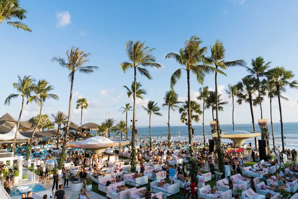 Visitors relaxing on pool daybeds under palm trees at Finns Beach Club Canggu by Bali Assist Co